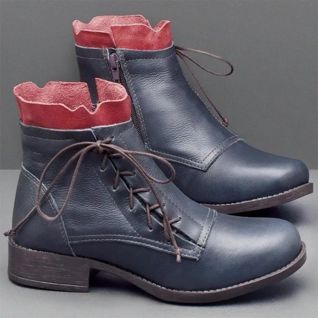 Lace low heel boots lace up Martin boots Blue - Shop at LoveMi
