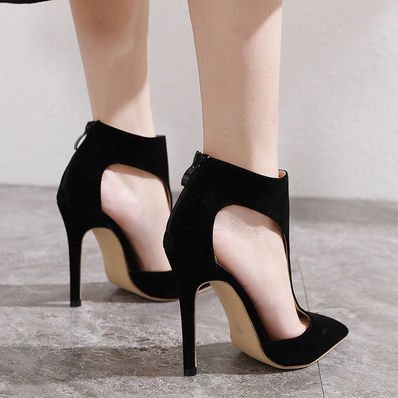 Sexy hollow pointed stiletto heel suede sandals