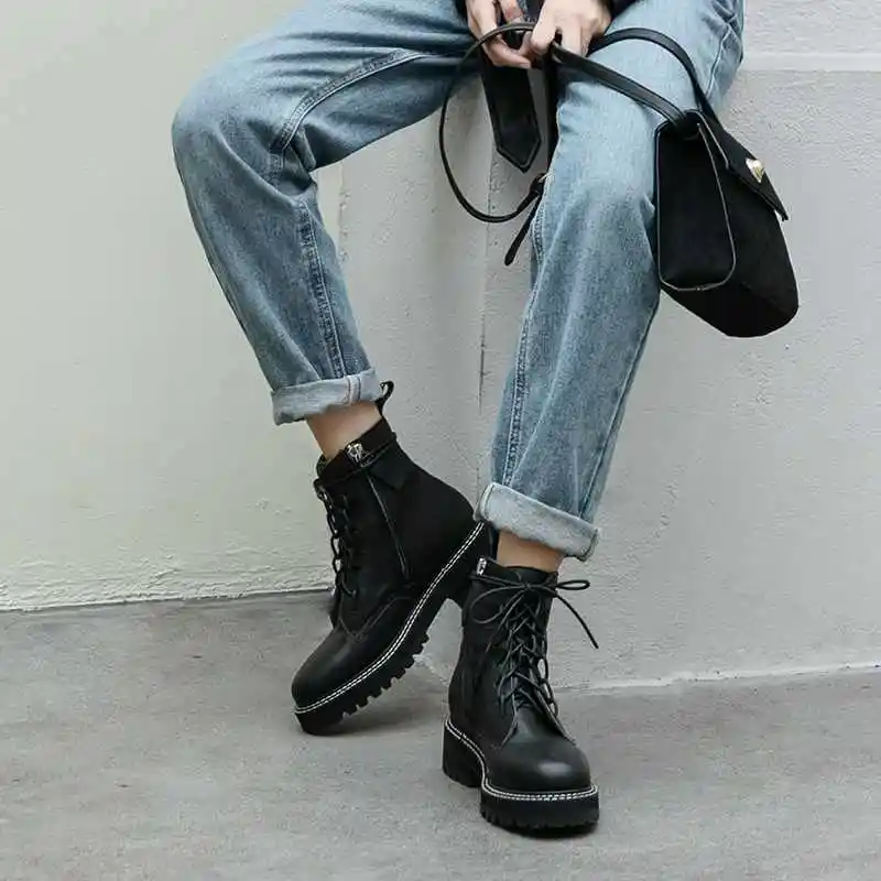 Lenkisen new genuine leather boots soft breathable round toe med heels