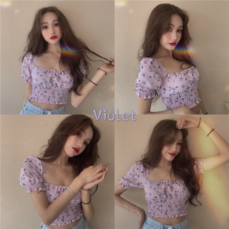 Square neck slim floral blouse