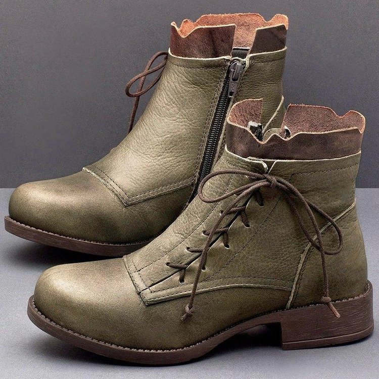 Lace low heel boots lace up Martin boots Green - Shop at LoveMi