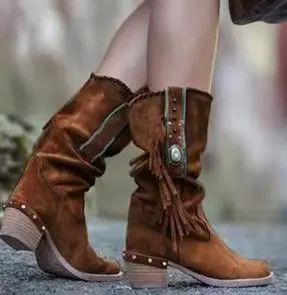 Fringed mid tube women's boots Brown - Shop at LoveMi