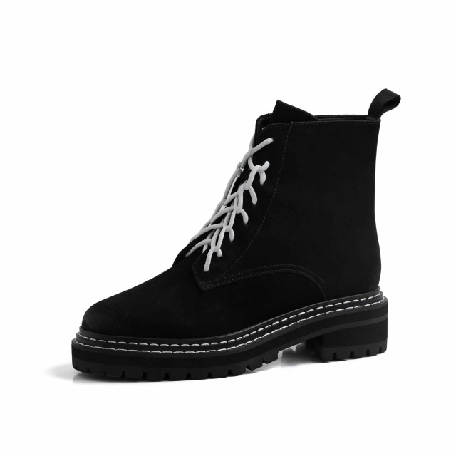 Lenkisen new genuine leather boots soft breathable round toe med heels