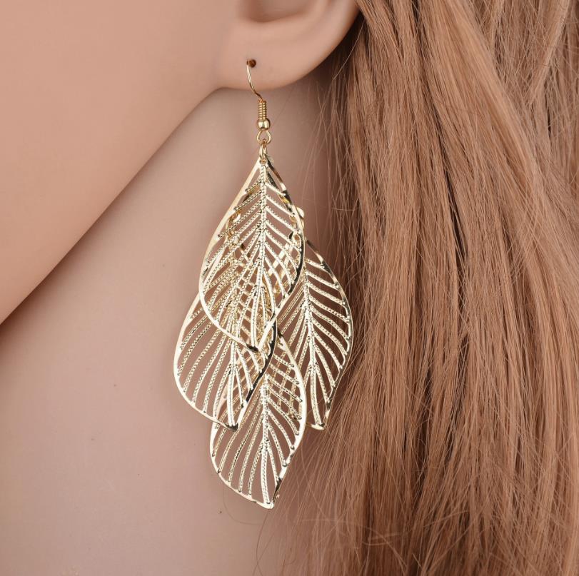 Multi-layer metal hollow leaf earrings