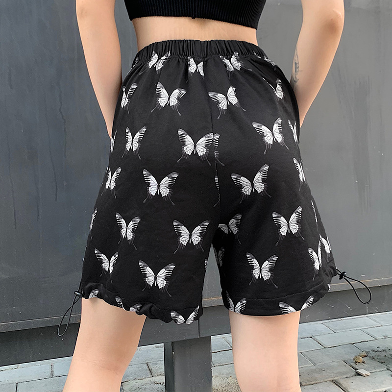 Butterfly print drawstring high waist shorts