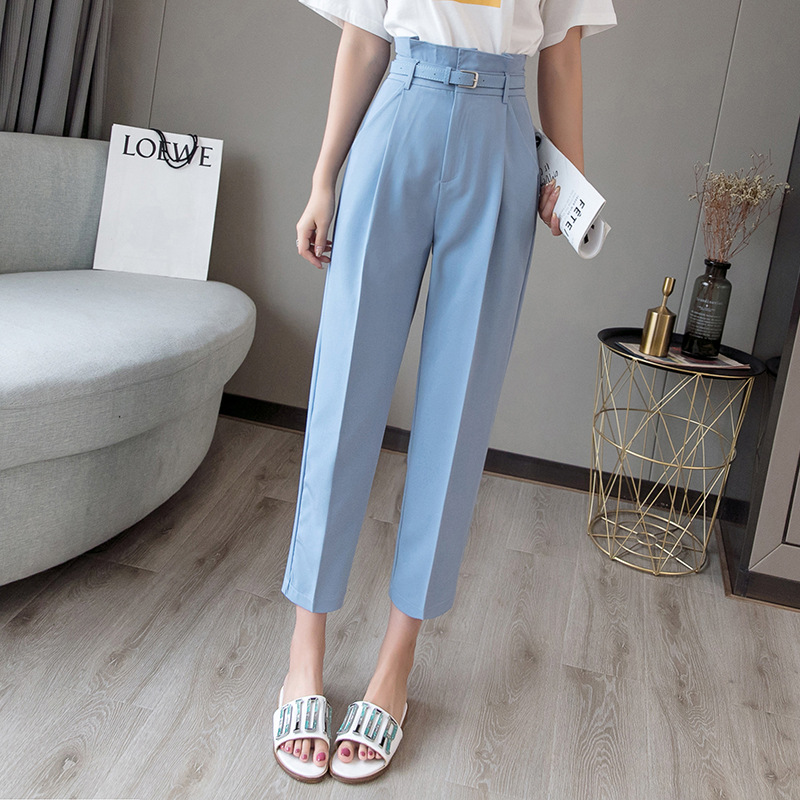 Flower Bud High Waist Cropped Feet Pants Sky Blue - Shop at LoveMi