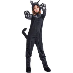 Cat Costume Hooded Jumpsuit with Ears for Women - Black - View 1