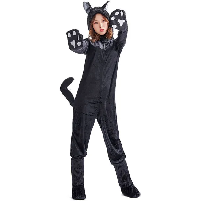 Cat Costume Hooded Jumpsuit with Ears for Women Black - Shop at LoveMi