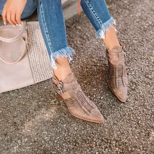 Female pointed high heels thick heel frosted ankle boots Brown - Shop at LoveMi