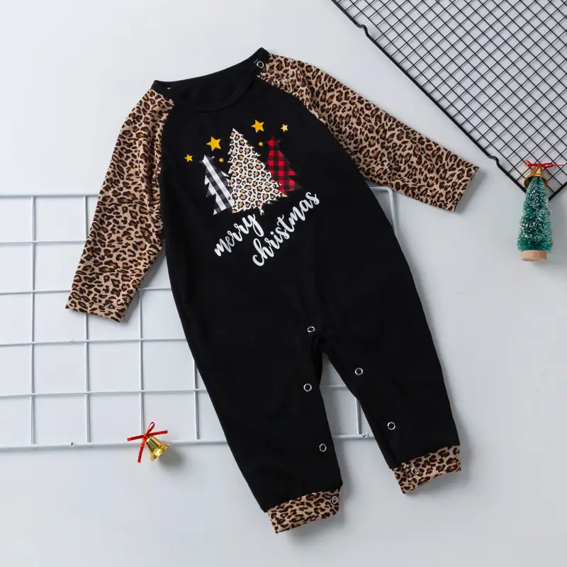 Children's Christmas Jumpsuit with Leopard Print Sleeves