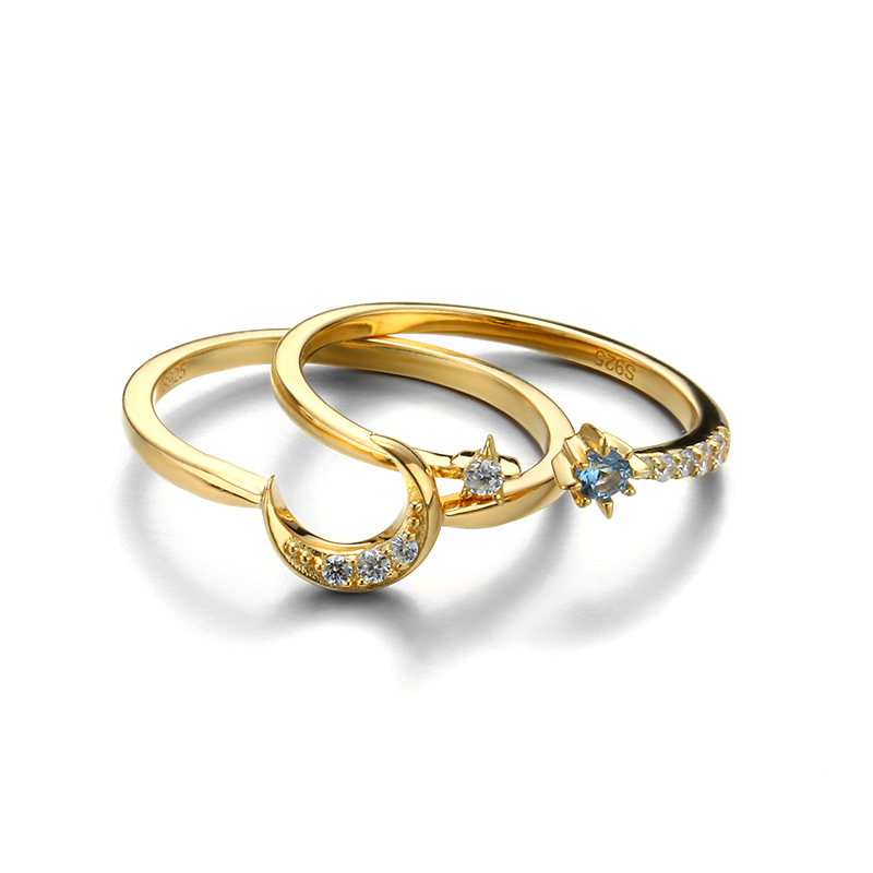 S925 silver zircon star and moon set ring