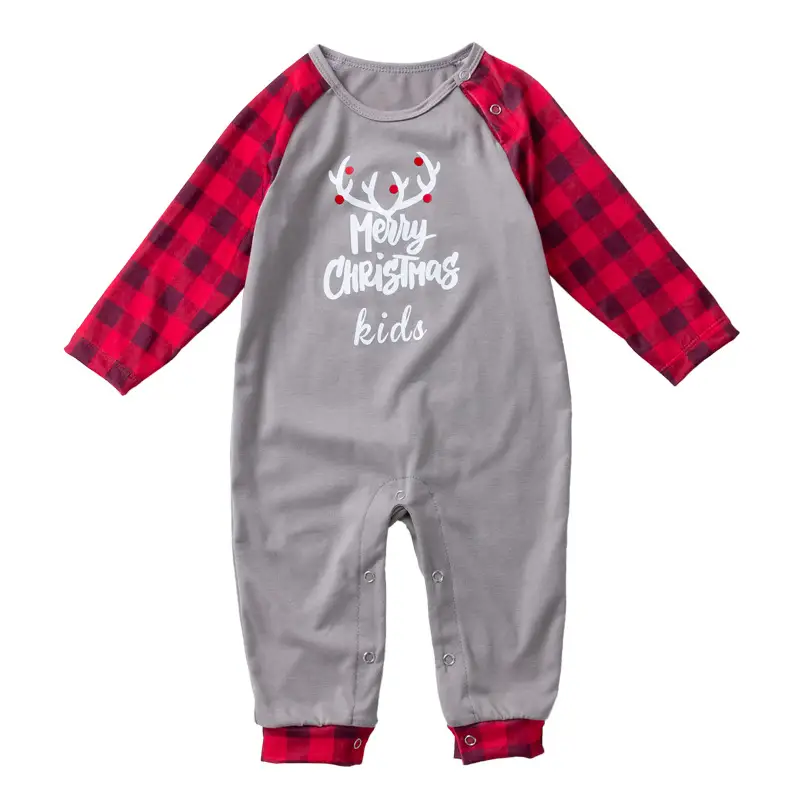 Baby Christmas Romper with Reindeer Print and Plaid Sleeves