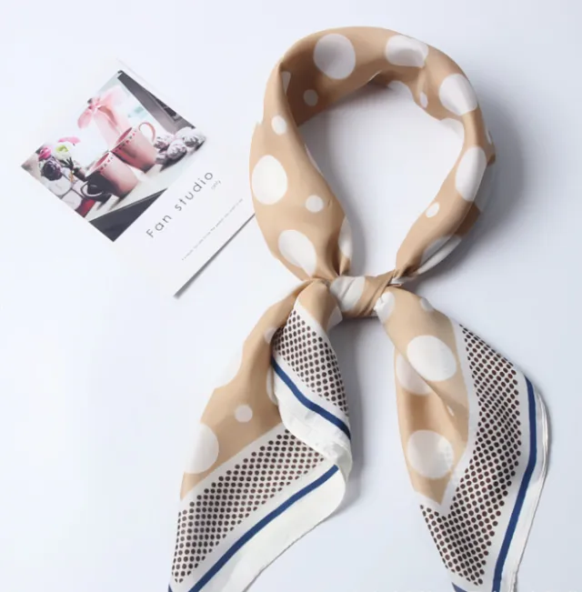 Women silk scarf square shawl hair neck dot print scarves Khaki - Shop at LoveMi