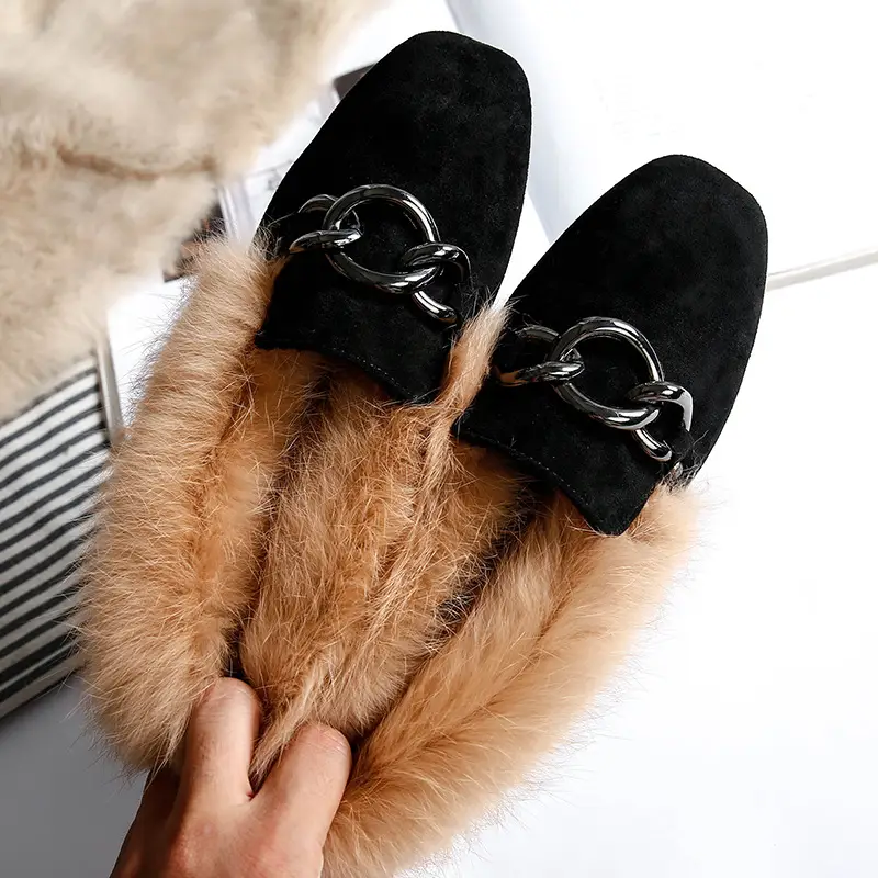 Rabbit fur and velvet cotton flats