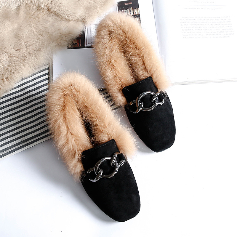 Rabbit fur and velvet cotton flats