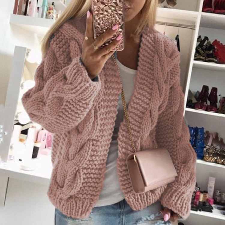 Thick thread twist knit cardigan sweater