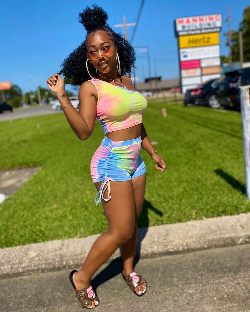 Two-piece one-shoulder top drawstring shorts