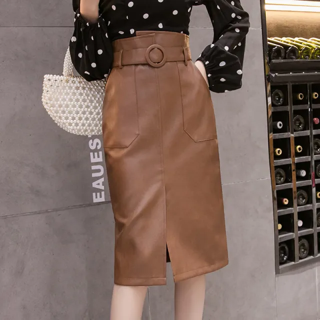 High waist bag hip split leather skirt Camel - Shop at LoveMi