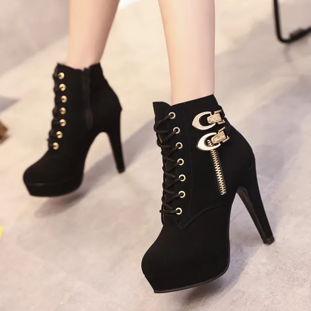 High heels stiletto platform zipper ankle boots Black - Shop at LoveMi