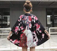 Classic crane flower print thin cardigan - Black - View 1
