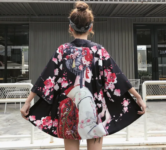 Classic crane flower print thin cardigan Black - Shop at LoveMi