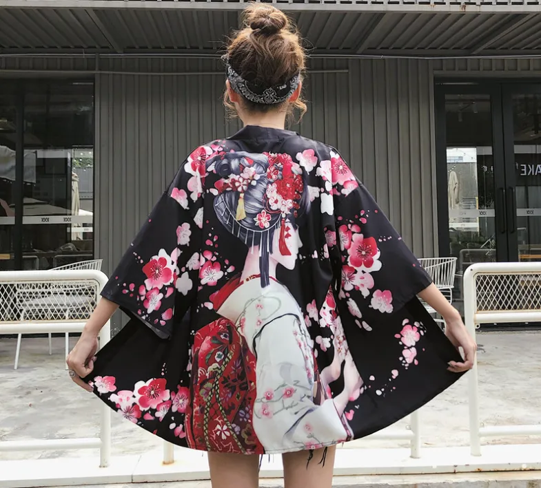 Classic crane flower print thin cardigan - Black