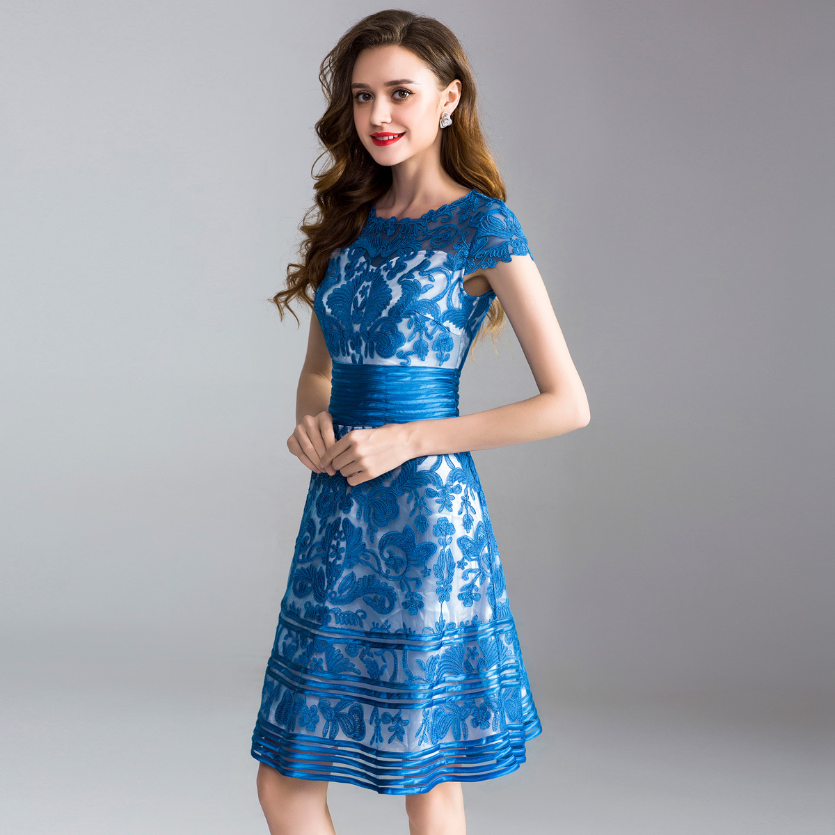 Short sleeve crew neck embroidered slim fitting dress