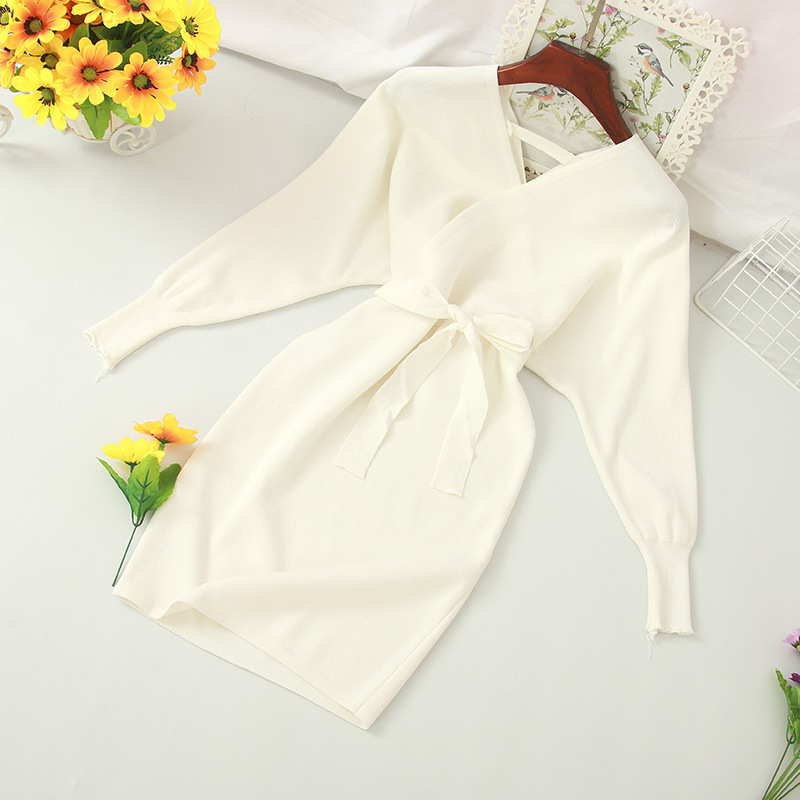 V-neck waistband lace slim knit dress