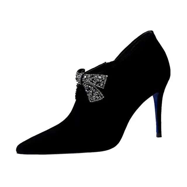 Pointed rhinestone bows look thin sexy deep mouth shoes