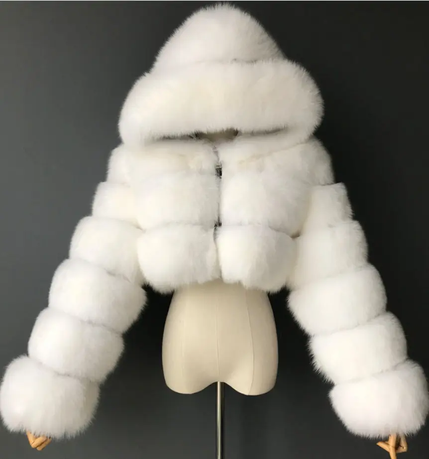 Short Hooded Faux Fur Long Sleeve Coat