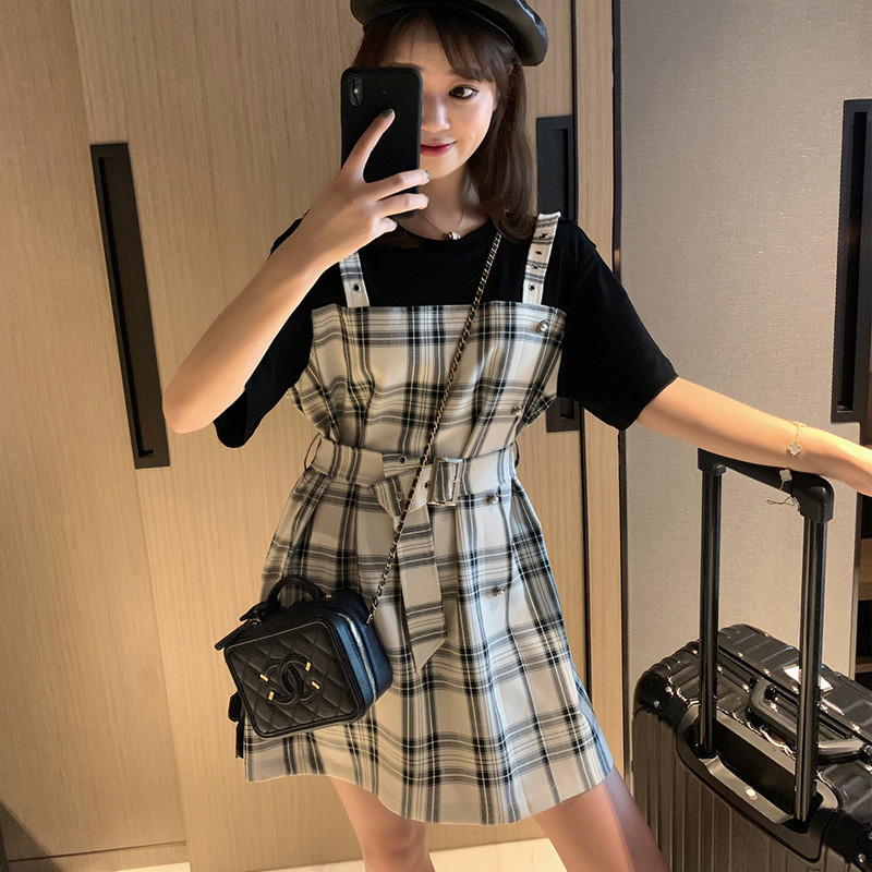 Fake two-piece plaid suspender skirt