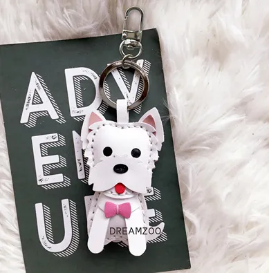 Dreamzoo original West Highland White Terrier Dog Car Key Chain West Highland cowhide dog Zodiac bag Pendant Pink Tie - Shop at LoveMi