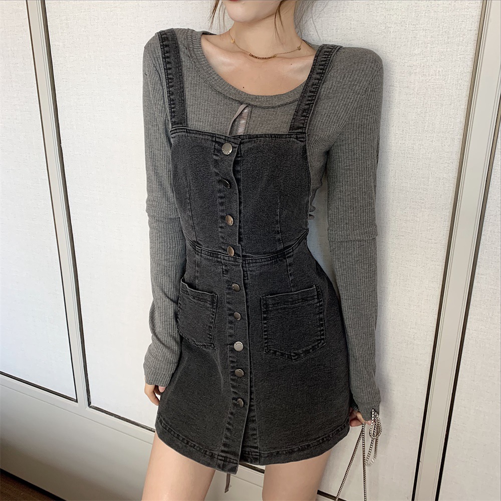 Single-breasted elastic denim strap skirt women
