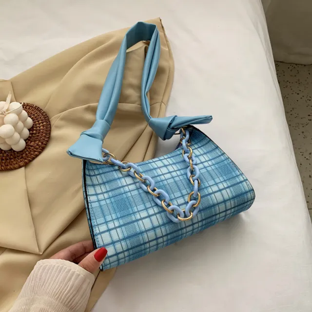 Summer plaid French shoulder bag Blue - Shop at LoveMi