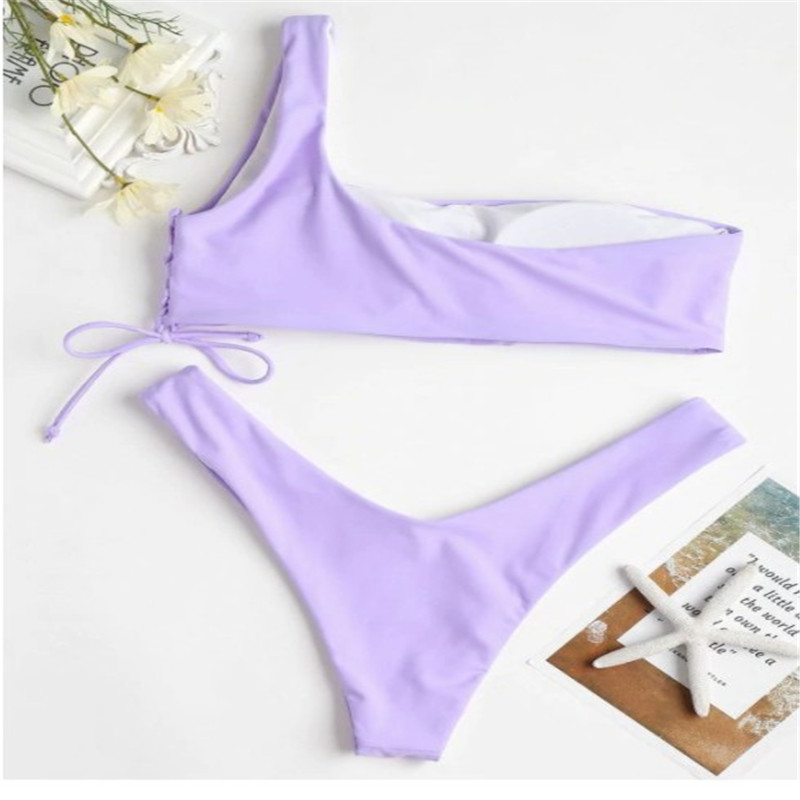 One-shoulder solid color split swimsuit bikini
