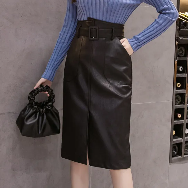 High waist bag hip split leather skirt Black - Shop at LoveMi