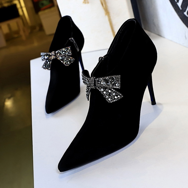 Pointed rhinestone bows look thin sexy deep mouth shoes