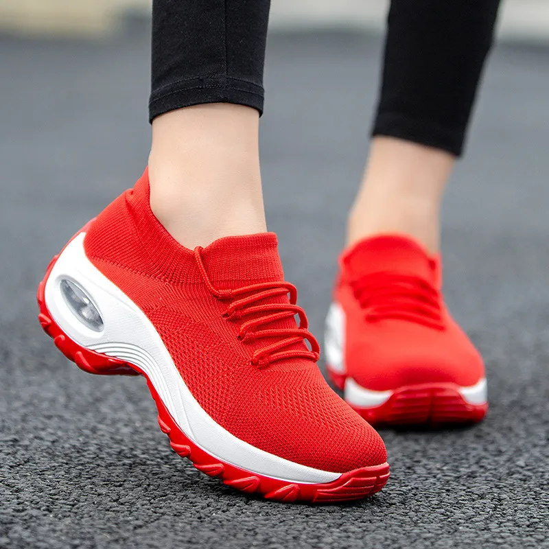Sports Women Flying Knit Socks Shaking Shoes - Red
