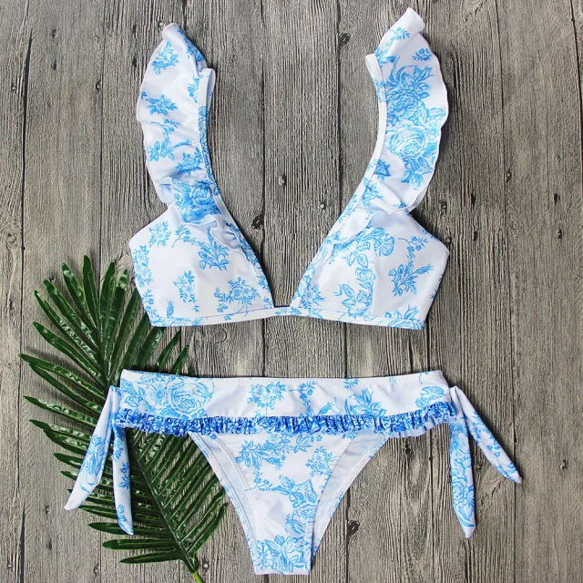 Ceramic Blue Digital Print Ruffle Bikini Blue - Shop at LoveMi