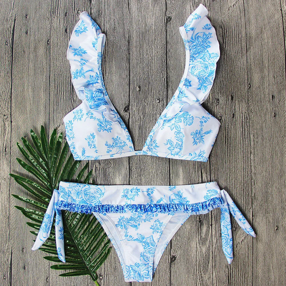 Ceramic Blue Digital Print Ruffle Bikini - Blue