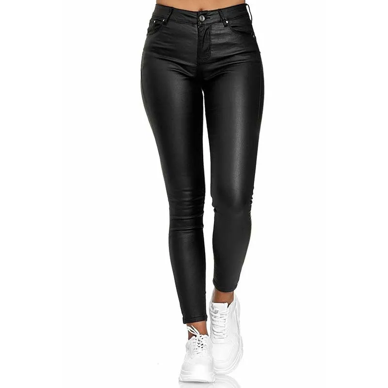 Pure color PU casual pants - Black