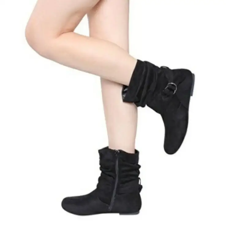 Suede flat mid-tube boots