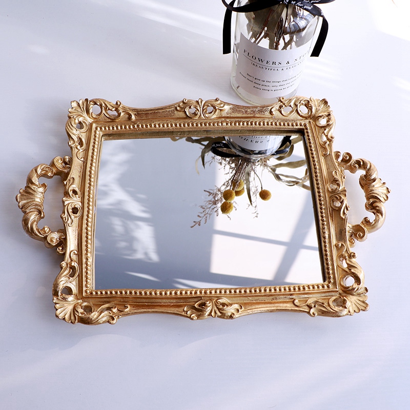 Golden printed mirror glass tray