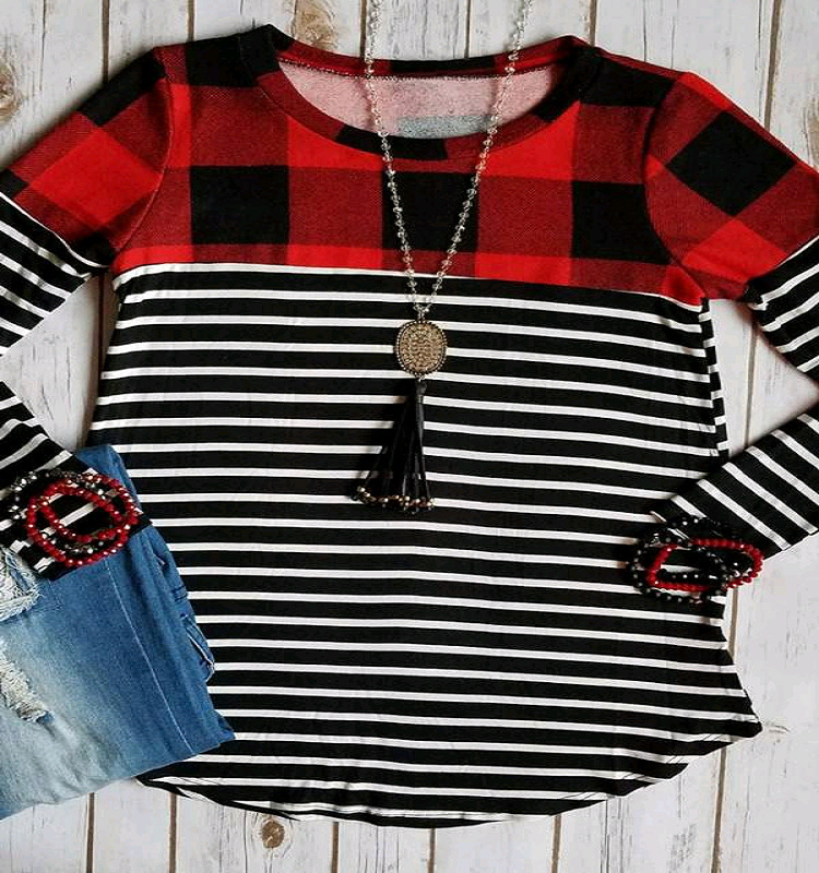 Check stripe stitching T-shirt