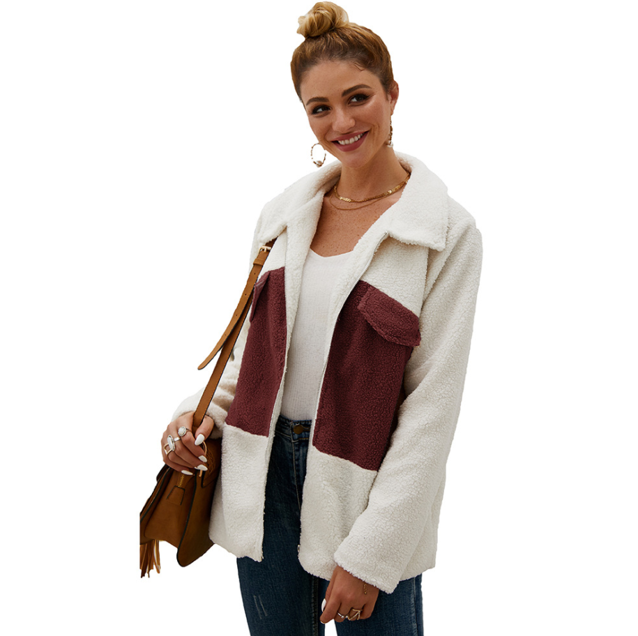 Zip lapel pocket fur jacket