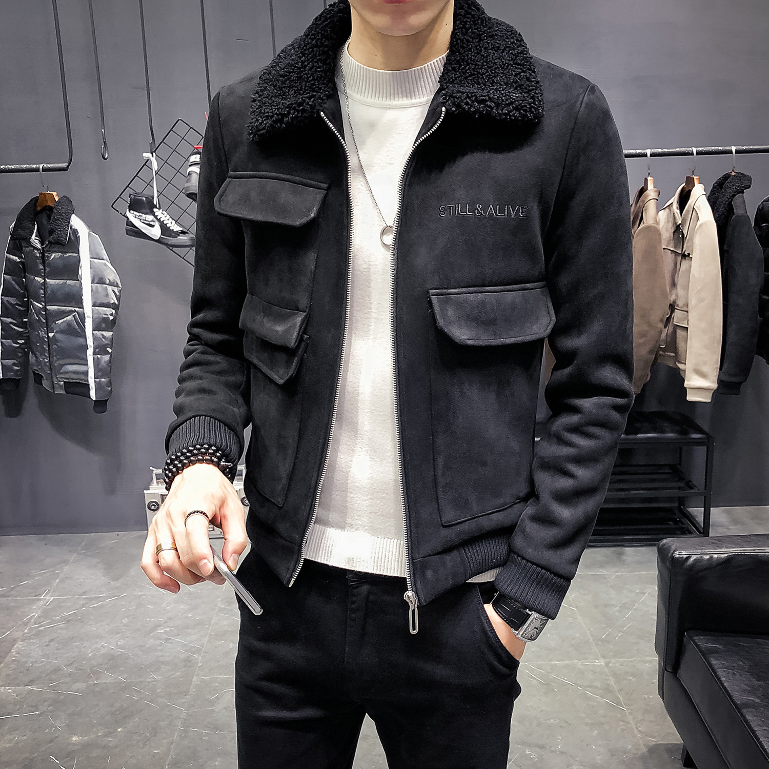 Suede men's cotton jacket