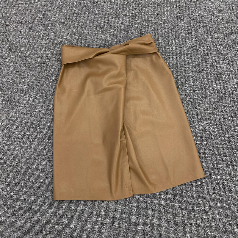 Faux leather plain leather short skirt Brown - Shop at LoveMi