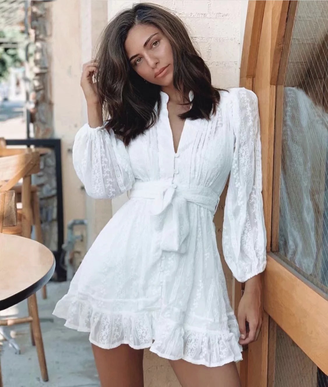 Embroidered V-neck Lantern Long Sleeve Dress