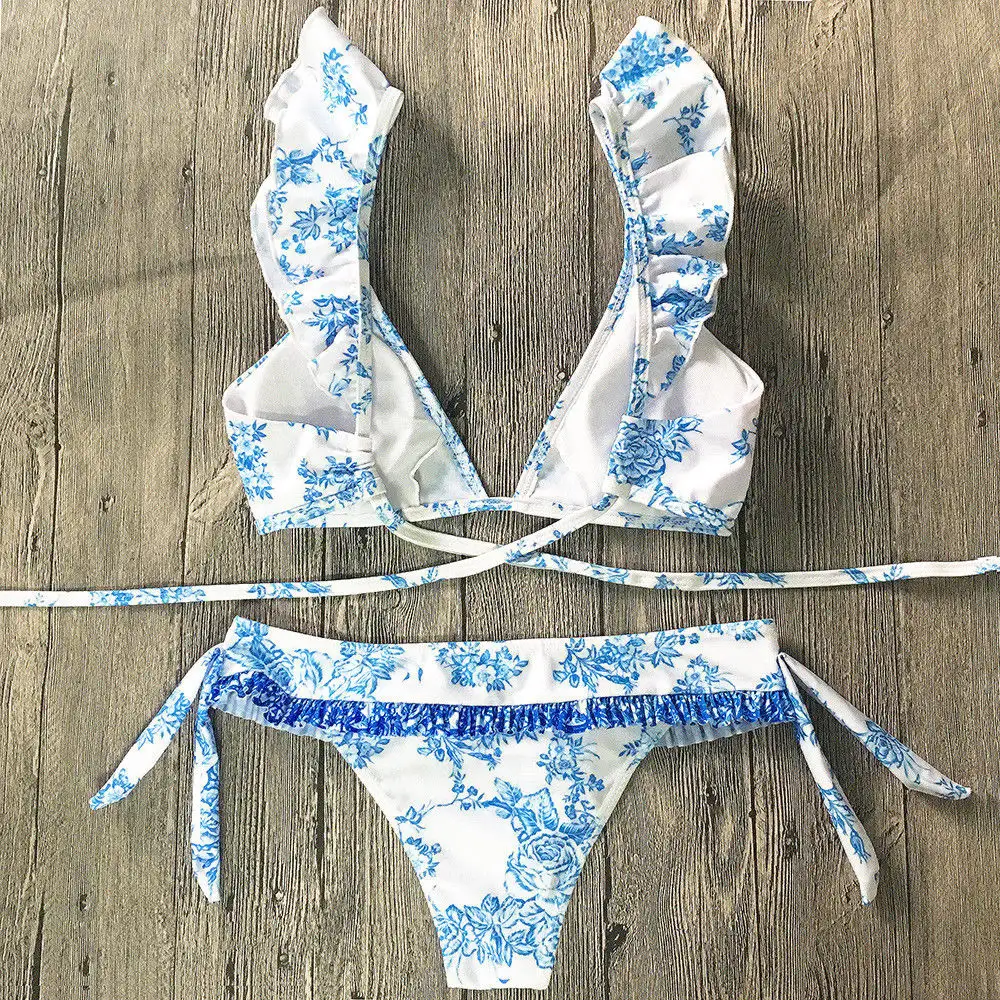 Ceramic Blue Digital Print Ruffle Bikini
