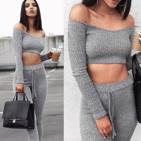 European and American style word collar long-sleeved T-shirt trousers